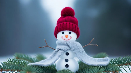 snowman with scarf and hat on a background of fir branchesの素材