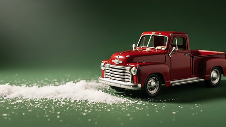 Red retro car with snow on green background. 3d illustration.の素材