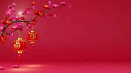 Chinese new year lanterns and cherry blossom on red background.の素材
