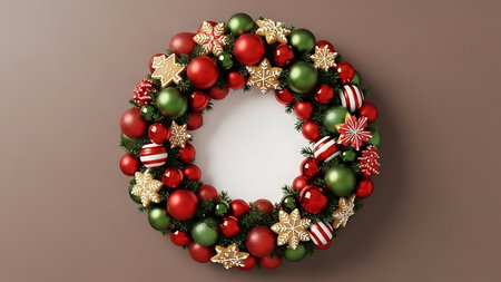 Christmas wreath with red and green baubles on brown backgroundの素材