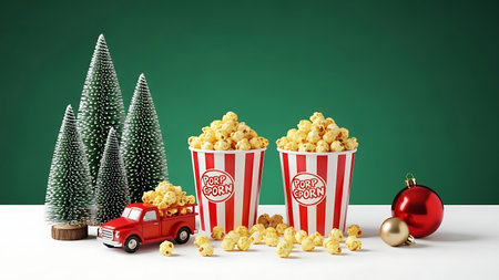 Popcorn and toy car with Christmas tree on green background. 3d renderingの素材