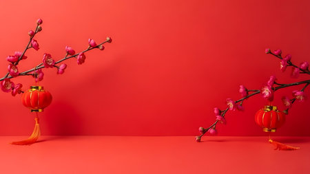 Chinese new year or lunar new year decoration with red lanterns and plum blossom on red backgroundの素材