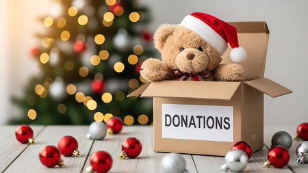 Donation box with teddy bear and christmas tree on backgroundの素材