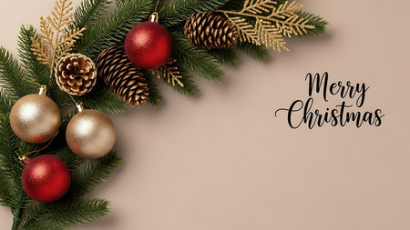 Christmas tree branches with red and golden baubles on beige backgroundの素材