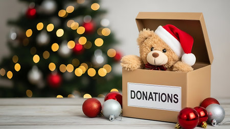 Donation box with teddy bear and christmas tree on backgroundの素材