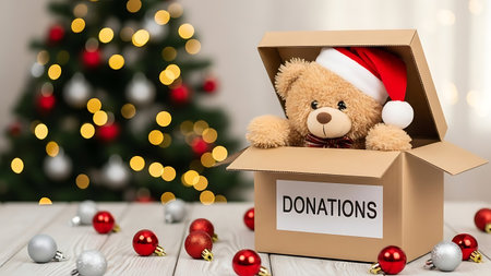 Box with donations and teddy bear on wooden table against blurred christmas treeの素材