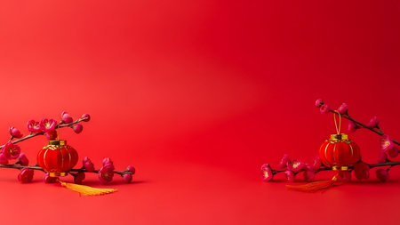 Chinese New Year decoration on red background with copy space for text.の素材