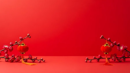Chinese new year or lunar new year concept, red paper lanterns on red backgroundの素材