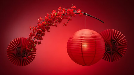 Chinese New Year background with red paper lanterns and orchidsの素材