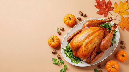 Roasted turkey or chicken on a plate with leaves and pumpkins on a beige background. Thanksgiving day concept.の素材
