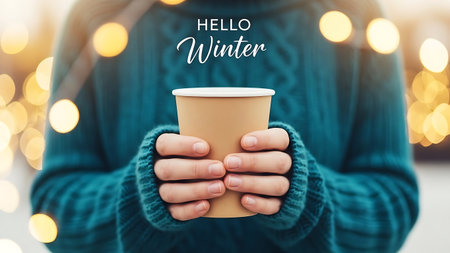 hands holding paper cup with hello winter lettering on bokeh backgroundの素材