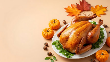 Roasted turkey or chicken on a plate with autumn leaves and pumpkins on a beige background. Top view, copy space.の素材