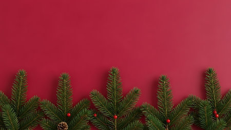 Christmas background with fir branches on red background. Flat lay, top view.の素材