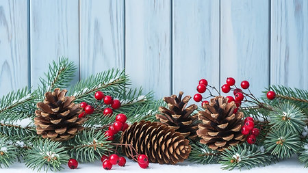 Christmas greeting card. Festive decoration on wooden background. New Year concept. Copy space.の素材