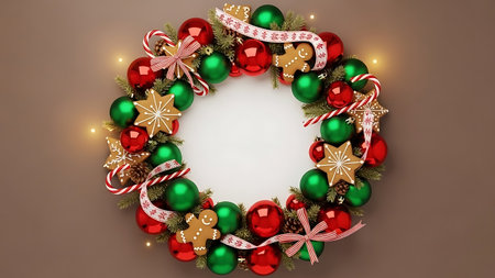 Christmas wreath with red and green baubles on brown backgroundの素材