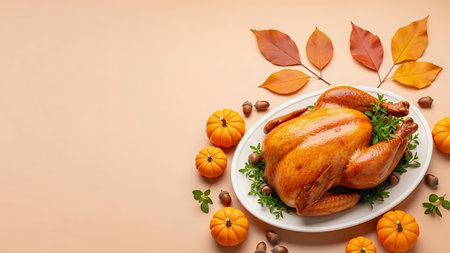 Thanksgiving day concept. Roasted turkey on a white plate with autumn leaves and pumpkins on beige background.の素材