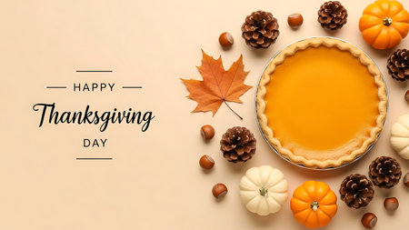 Happy Thanksgiving day greeting card with pumpkin pie and autumn leaves on a beige backgroundの素材