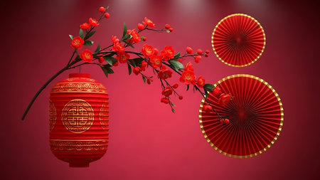 Chinese new year red lanterns and cherry blossom flower on red backgroundの素材