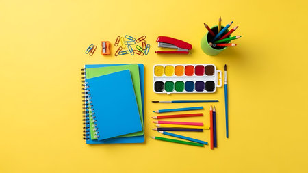 School supplies on yellow background. Back to school concept. Flat lay, top viewの素材