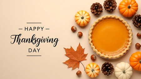 Happy Thanksgiving Day lettering with pumpkin pie and autumn leaves on beige backgroundの素材