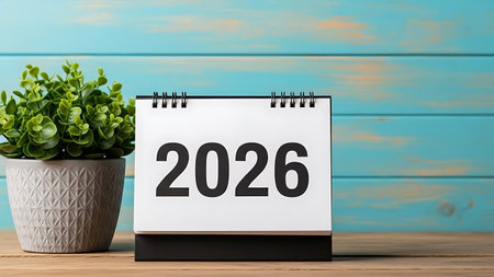 2026 calendar with green plant in vase on wooden table.の素材