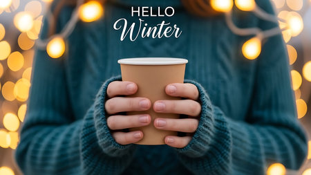 Woman holding a paper cup with Hello Winter text on bokeh backgroundの素材