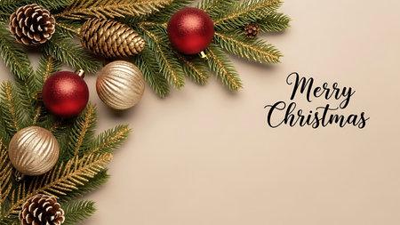 Christmas greeting card with fir tree branches and decoration. Top view with copy spaceの素材