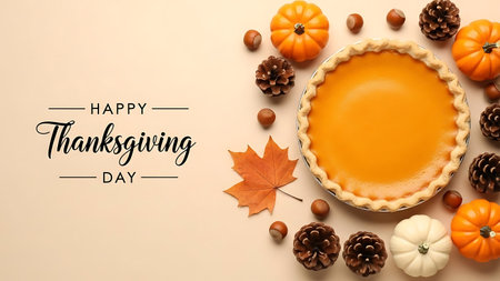 Happy Thanksgiving Day greeting card with pumpkin pie and nuts on beige backgroundの素材