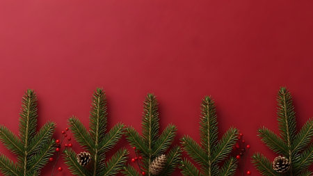 Christmas background with fir branches, cones and red berries on red backgroundの素材