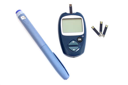 Set diabetic: syringe pen with insulin and glucometerの写真素材