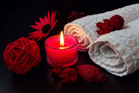 red romantic candle and spa stuff の写真素材