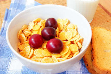 cornflakes with milk  healthy breakfast の写真素材