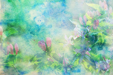 grunge artwork with small pink flowers and blue and green watercolor smudges の写真素材