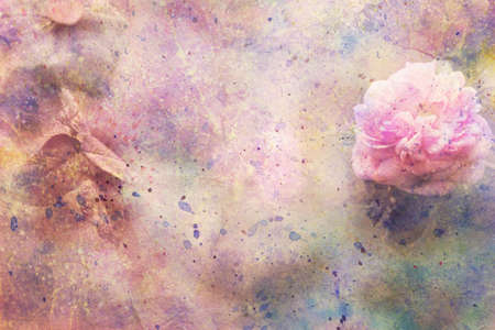 artwork with cute pink rose and colorful watercolor strokes の写真素材