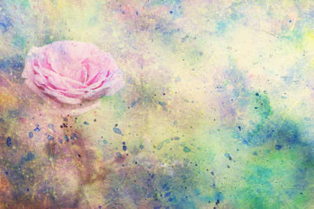 artwork with pink rose and colorful watercolor splatter の写真素材