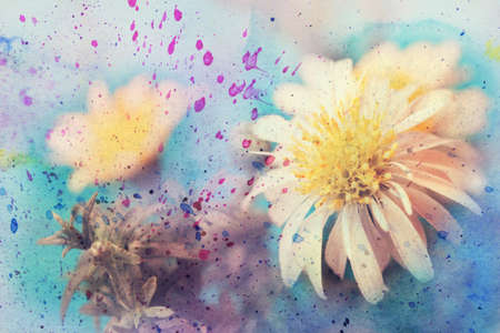 artwork with small white daisy and watercolor splashesの写真素材