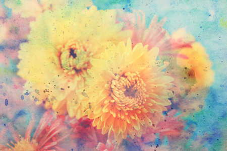 scenic artwork with yellow aster flowers and watercolor strokesの写真素材