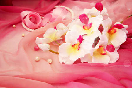 White orchids, necklace, beads の写真素材