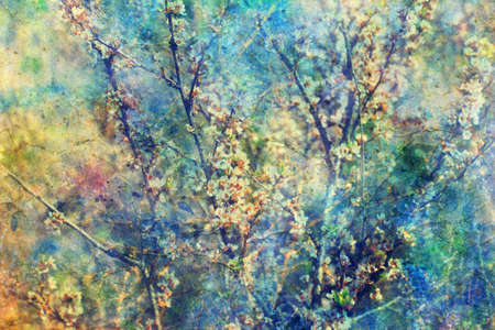 Blooming twigs and grunge messy watercolor splatterの写真素材