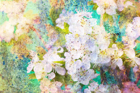 Spring white flowers and messy watercolor splashesの写真素材