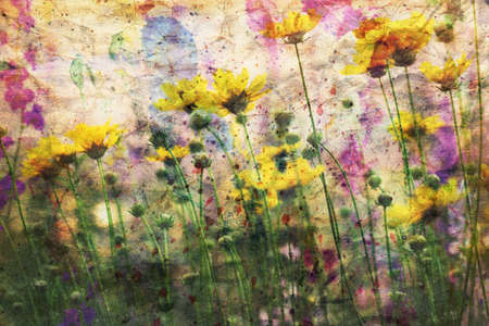 cute yellow flowers and watercolor spatterの写真素材