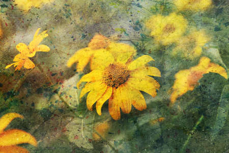 artwork with yellow flowers and watercolor splashesの写真素材