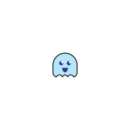 A cute and playful chibi ghost icon in cartoon style. This adorable Halloween-themed character features a smiling ghost with big eyes, ideal for seasonal designs, mobile apps, stickers, games, and social media content. Perfect for use in digital projects, merchandise, or print materials that need a fun and friendly spooky element.のイラスト素材