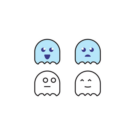 A cute and playful chibi ghost icon in cartoon style. This adorable Halloween-themed character features a smiling ghost with big eyes, ideal for seasonal designs, mobile apps, stickers, games, and social media content. Perfect for use in digital projects, merchandise, or print materials that need a fun and friendly spooky element.のイラスト素材