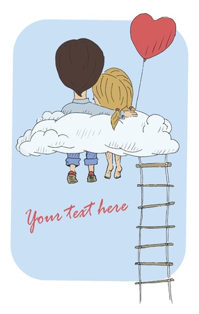 A vintage postcard with a loving couple sitting on a cloud  Vector illustrationのイラスト素材