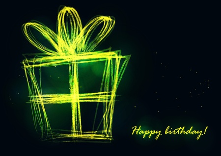 Shiny contours of a present box with glowing sparkles on a black background.のイラスト素材