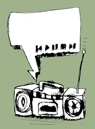 Graffiti background. A speech bubble with audio player buttons coming out of a distorted boombox. のイラスト素材