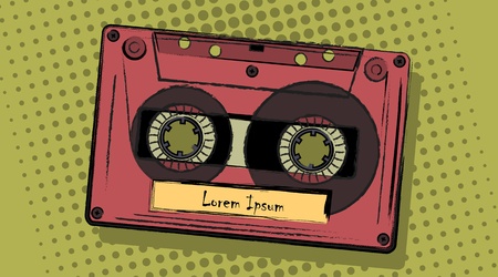 retro analogue cassette in a comic style with a placeholder sticker for your text. Vector illustration.のイラスト素材