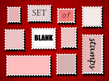 Set of different blank post stamps on red backgroundのイラスト素材