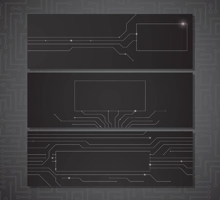 Three black horizontal banners with a place for your text with electric scheme elements and semiconductor tracks. のイラスト素材